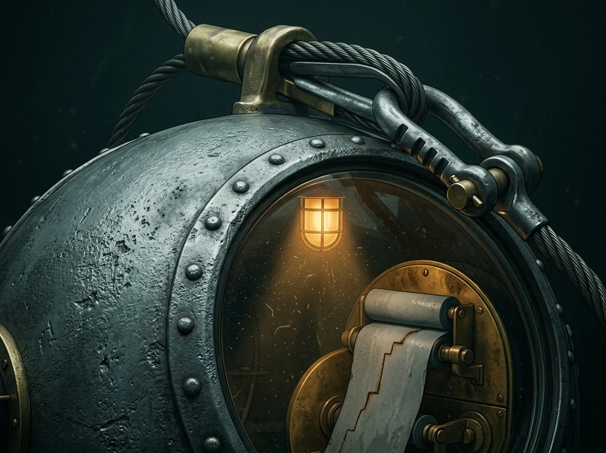 The sphere's porthole, the echo-sounder roll lit inside